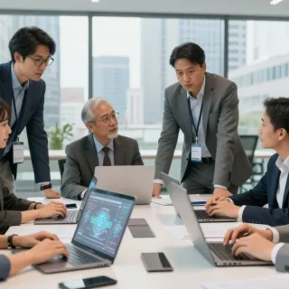Consultants and business staff planning an AI project around laptops, the kind of work AI consulting companies lead