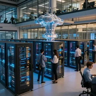 Staff working beside AI server racks in a modern office, the kind of infrastructure leading AI companies depend on