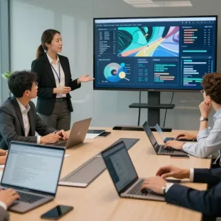 Marketing team reviewing an AI analytics dashboard in a meeting room