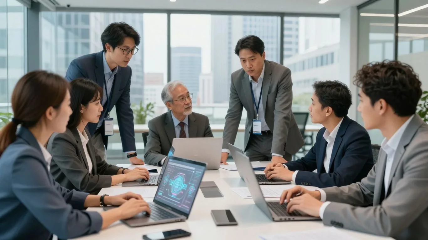 Consultants and business staff planning an AI project around laptops, the kind of work AI consulting companies lead