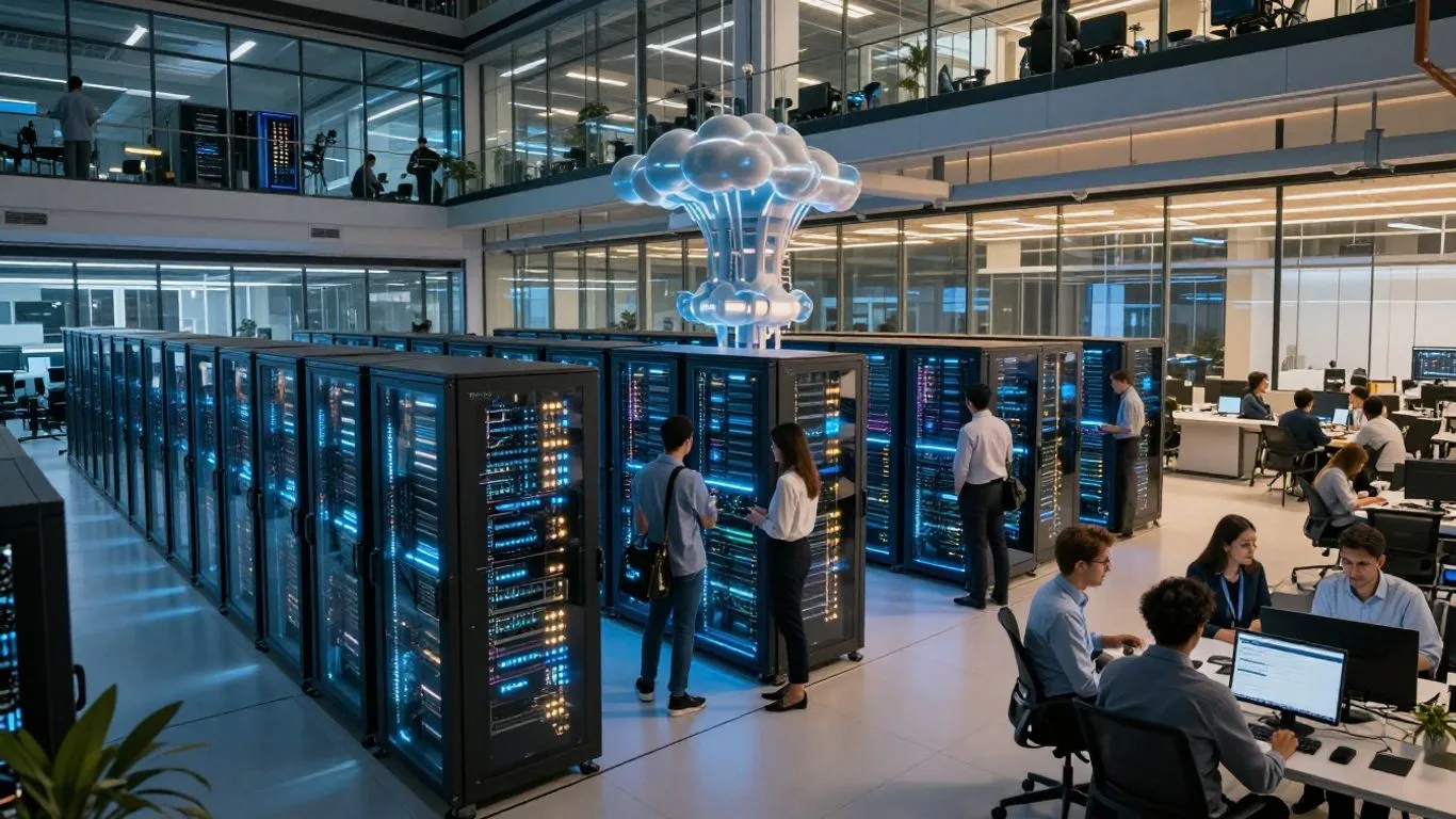 Staff working beside AI server racks in a modern office, the kind of infrastructure leading AI companies depend on