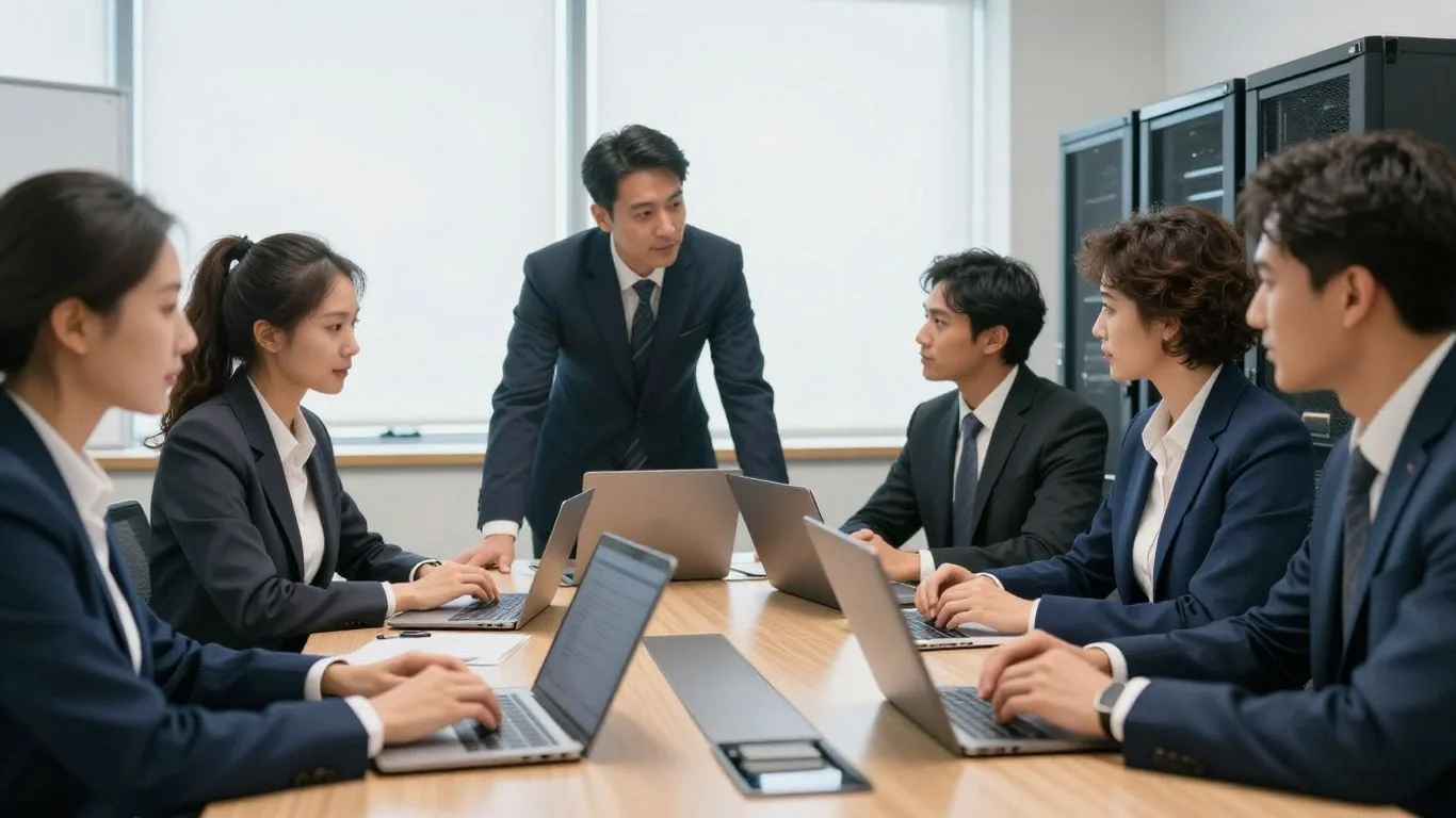 Business team discussing an AI rollout around laptops in a meeting room