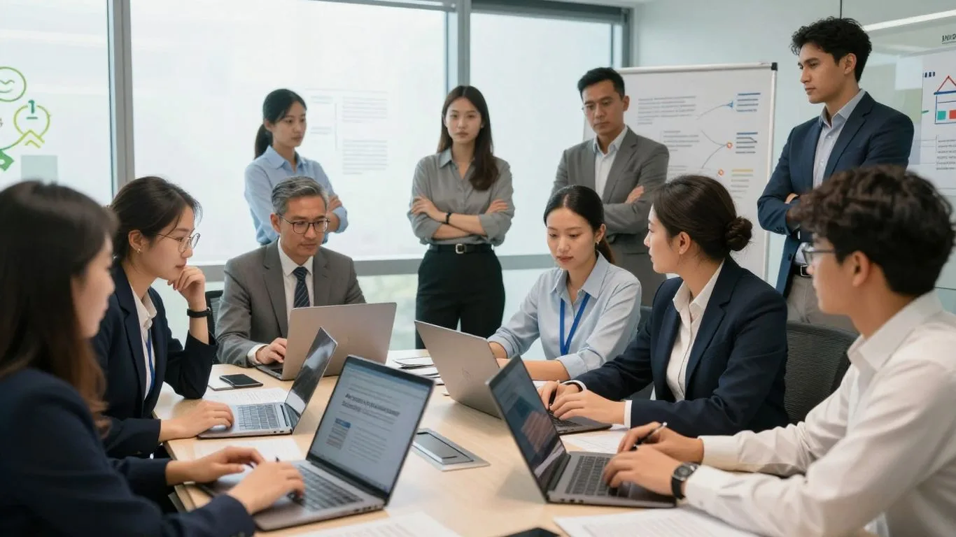 Consulting team and managers reviewing an AI project together in a meeting room