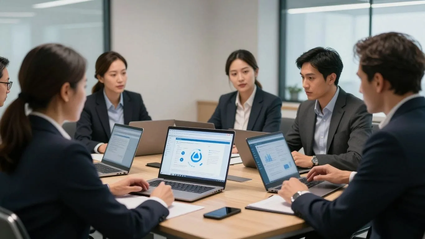 Business team discussing generative AI governance at a meeting table with laptops