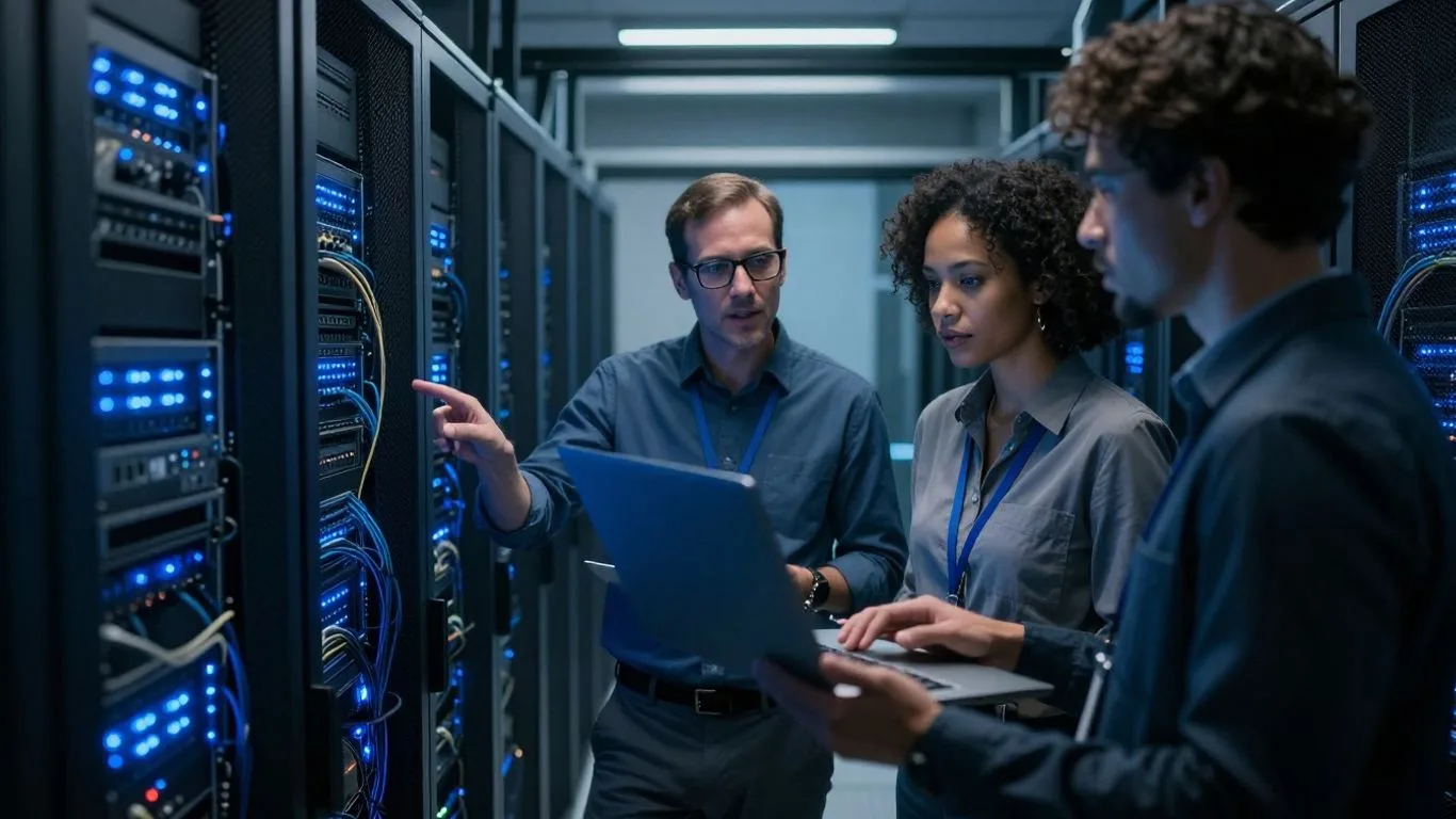 Engineers reviewing server racks together in an AI data center