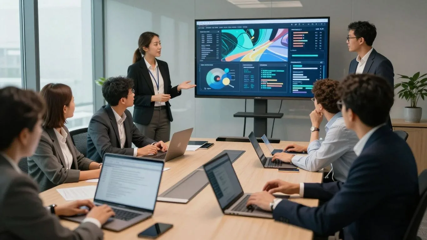 Marketing team reviewing an AI analytics dashboard in a meeting room